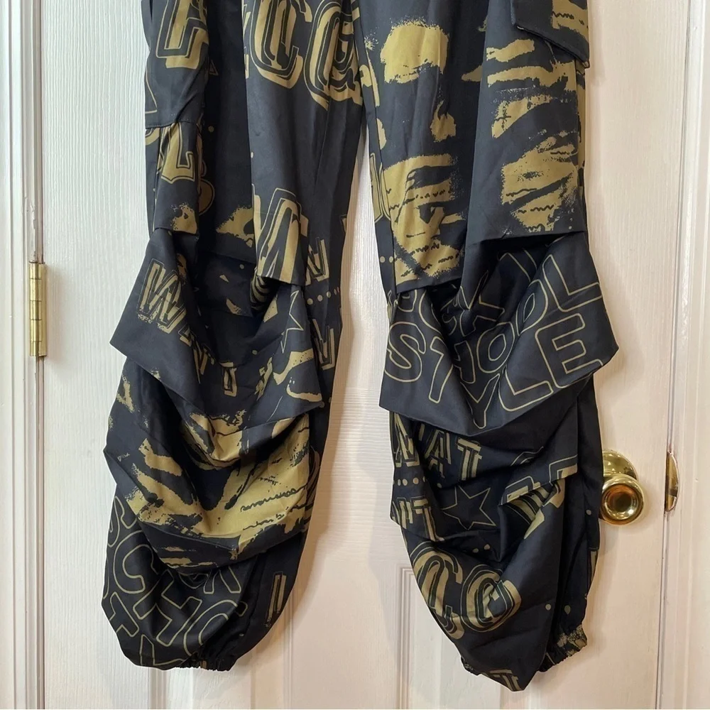 SHEIN Parachute Pants Black Green Elastic Waist Size 4 New - Picture 3 of 15